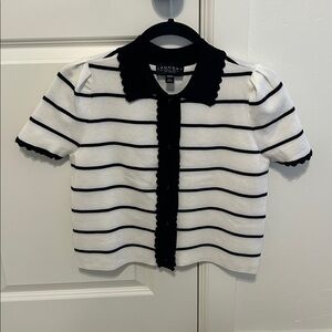 Laundry by Shelli Segal Cardigan striped scallop scalloped puff sleeve